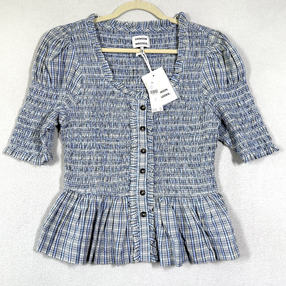 Damson Madder Top Womens 2 Mansi Shirred Blouse in Cloudy Plaid Smocked NWT